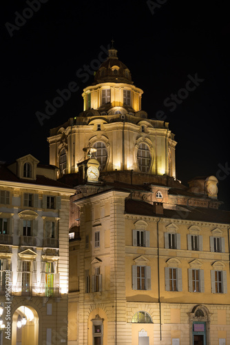 Church of San Lorenzo by Night - Turin Italy / Detail of the Real Chiesa di San Lorenzo (St. Lawrence Church) in Piazza Castello, Turin (Torino) Piemonte, Italy. UNESCO world heritage site
