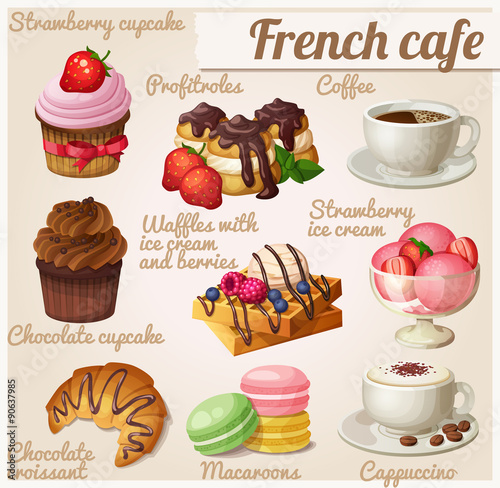 Set of food icons. French cafe. Chocolate cupcake, profitroles photo