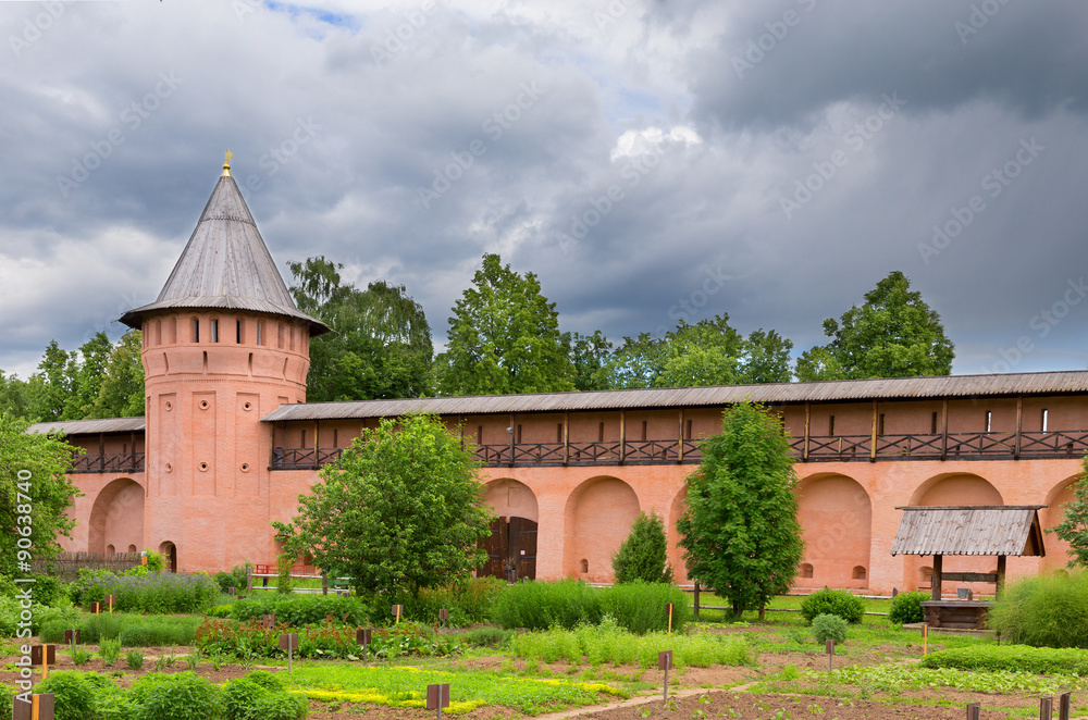 Wall and tower Spaso-Euthymius monastery in Suzdal, Golden Ring of Russia