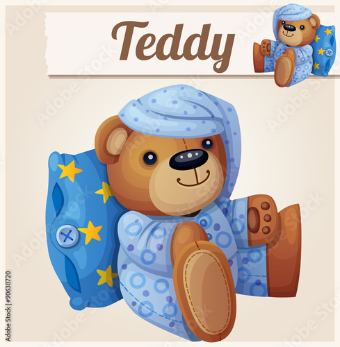 Teddy bear in pajamas with pillow. Cartoon vector illustration. 