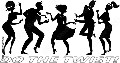 Black vector silhouettes of people dressed in vintage clothes, dancing the Twist, each figure on a separate layer, no white objects, EPS 8