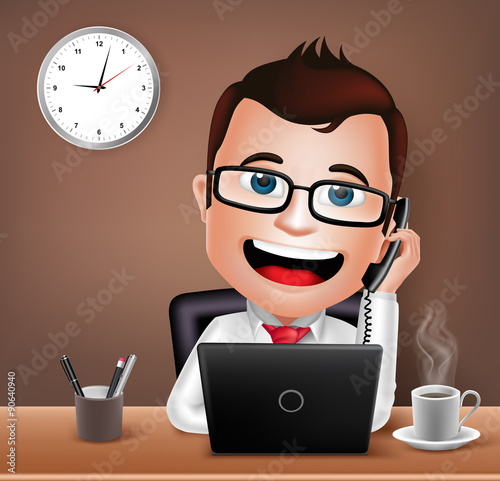 Realistic 3D Businessman Character Working on Office Desk Table with Laptop