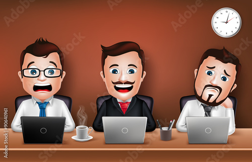 Set of Realistic 3D Businessman Character Working on Office Desk Table with Laptop

