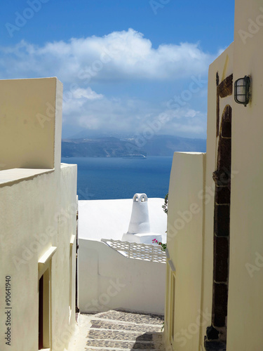 Romantic beautiful cityscape and blue sky of Oia on Santorini in