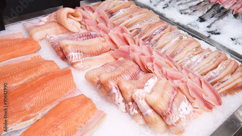 Seafood counter display of fish. photo