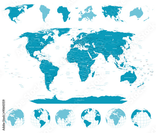 World Map, Globes, Continents. Highly detailed vector illustration.