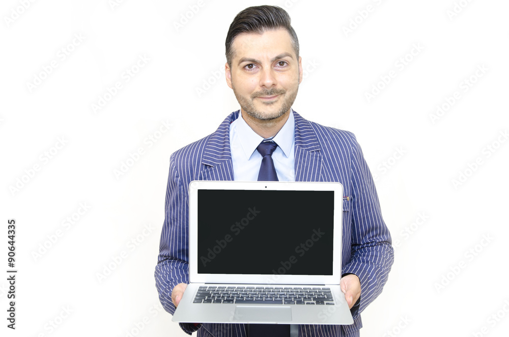Business man holding a laptop in front isolated on white Business man holding a laptop in front isolated on white