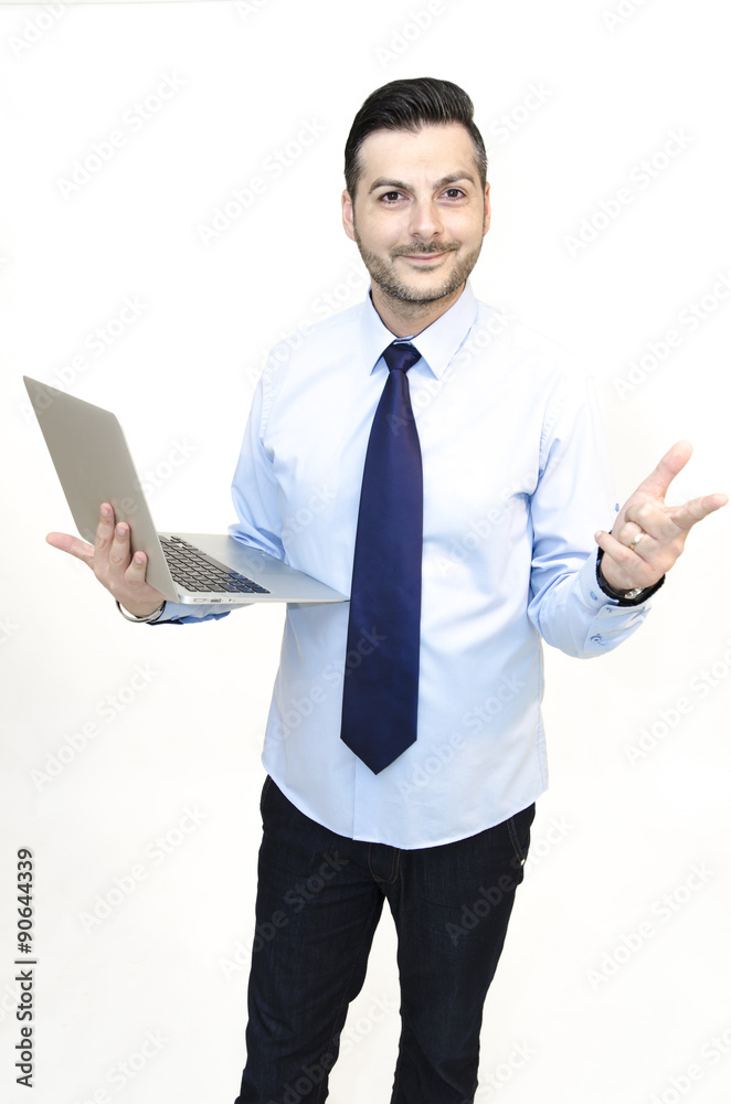 Business man holding a laptop isolated on white Business man holding a laptop isolated on white