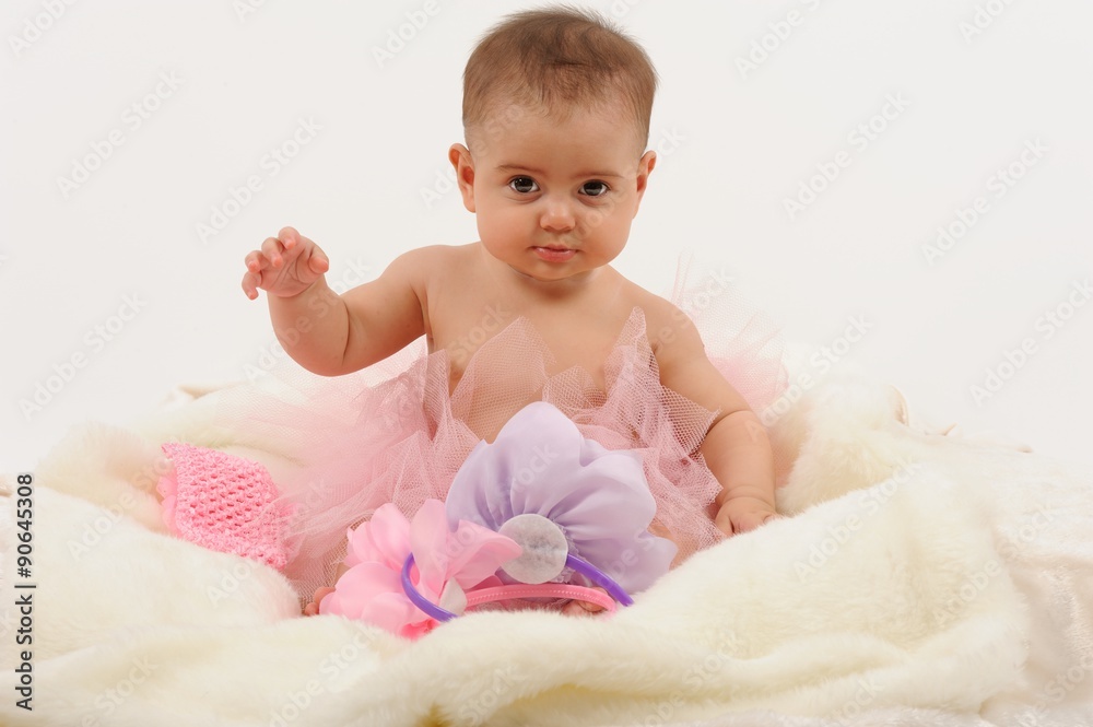 Cute and happy newborn baby playing, smiling, laughing, looking isolated white background Cute and happy newborn baby playing, smiling, laughing, looking isolated white background
