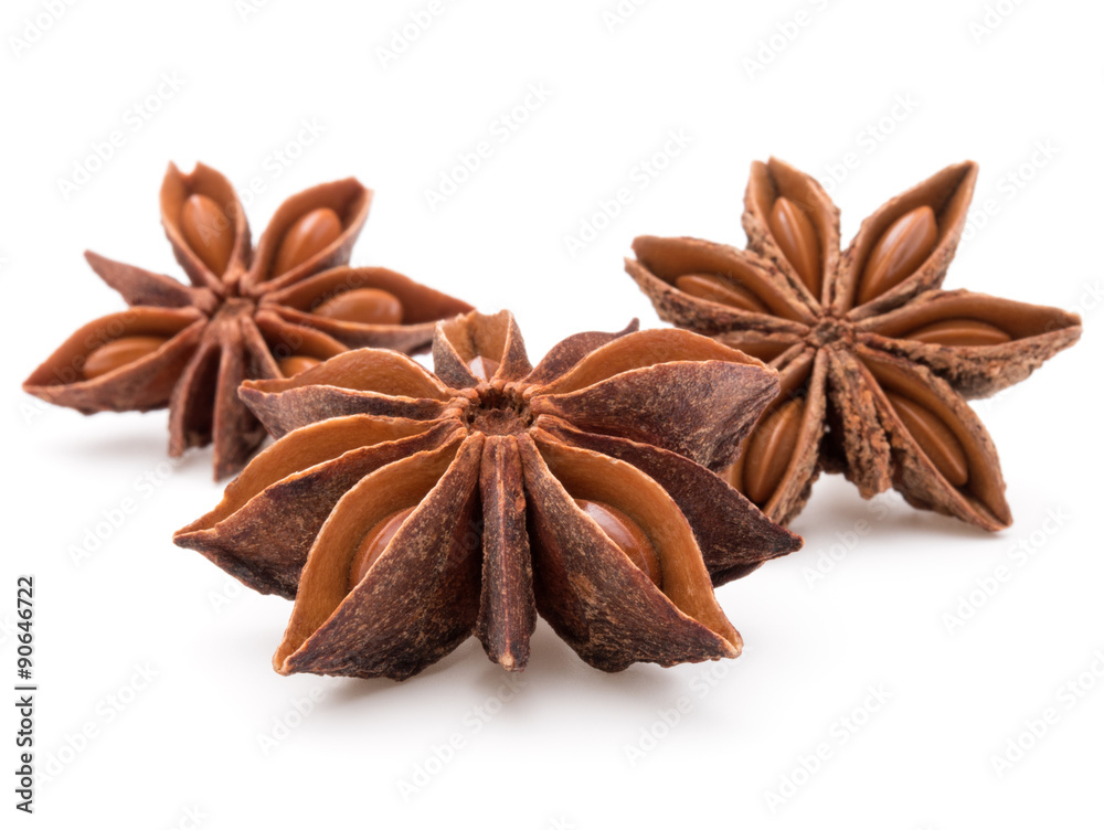 Star anise spice fruits and seeds isolated on white background c Star anise spice fruits and seeds isolated on white background c