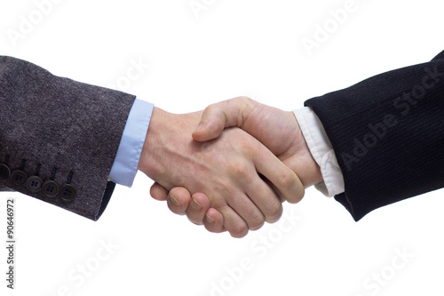 Businessmen shaking hands, isolated on white. Closeup