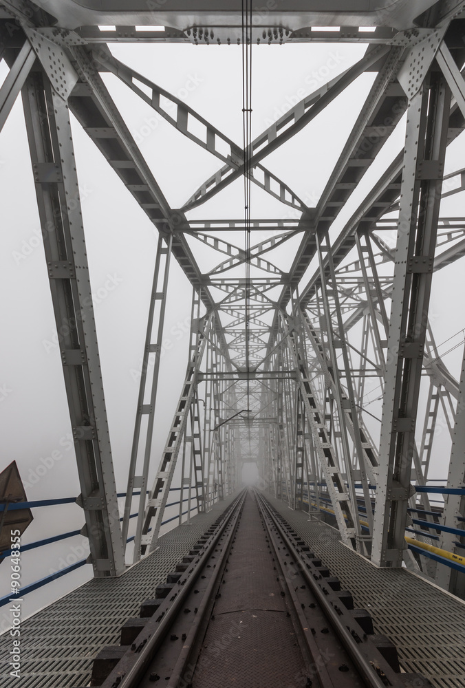 Superstructure of railway steel truss bridge in Krakow, Poland, over Vistula river