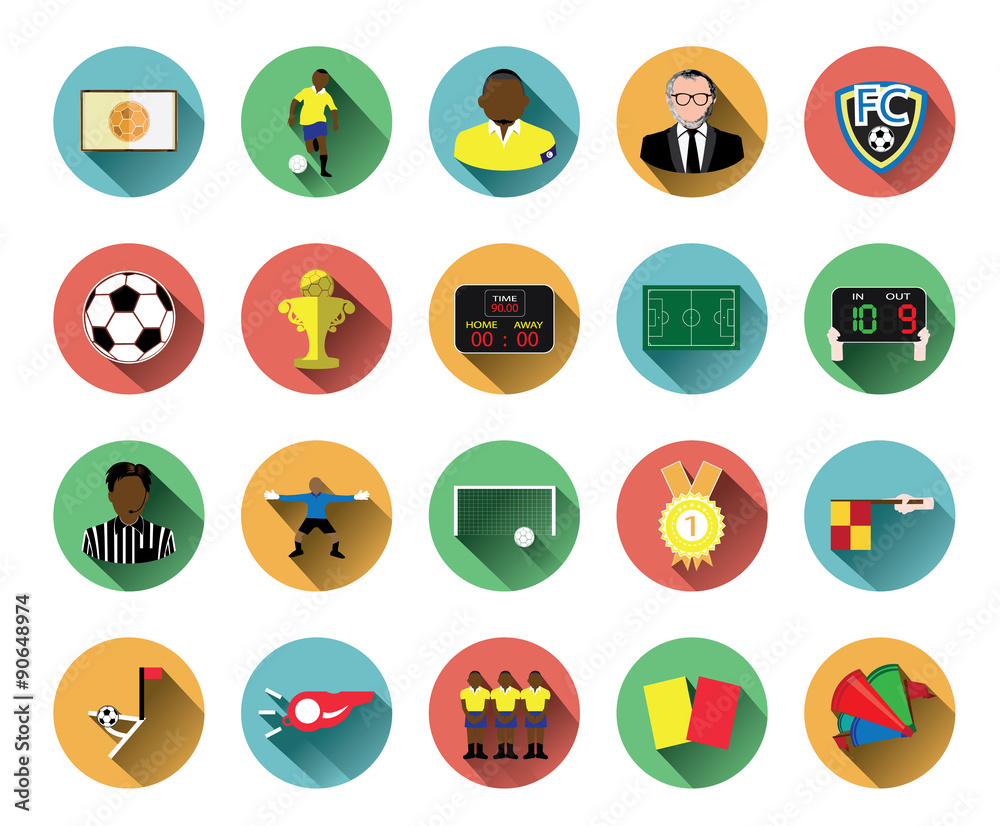 Modern flat soccer icons set with long shadow effect Modern flat soccer icons set with long shadow effect