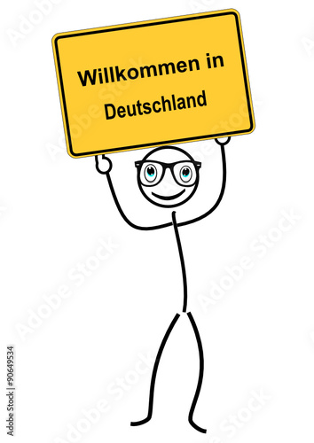 Strichmännchen hält Schild Willkommen