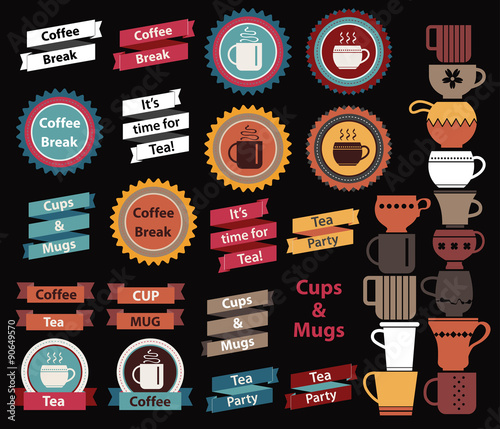 Red origami ribbon with lettering "It's time for Tea" and various teacups background. Cute symbol of Tea Party. Rest Tagline. Circle label. Cups and mugs collection.