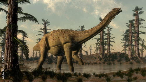 Fototapeta Naklejka Na Ścianę i Meble -  Uberabatitan dinosaur in the lake - 3D render