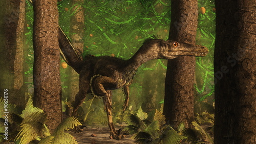Schilderij op canvas Velociraptor dinosaur in the forest - 3D render
