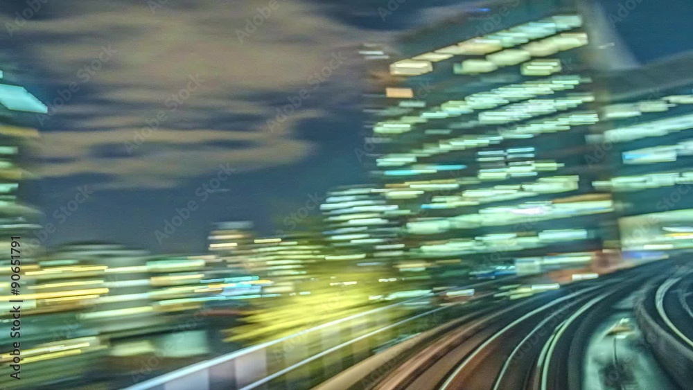 Time lapse of the Docklands in London in motion from a fast moving train at night, technique called hyperlapse