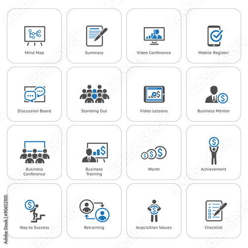 Business Coaching Icon Set. Online Learning. Flat Design.