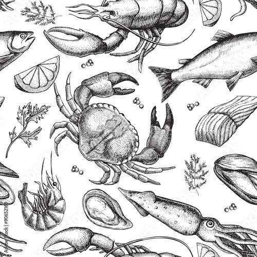 Obraz na plátně Vector ručně kreslenou mořské plody vzor. Vintage ilustrační