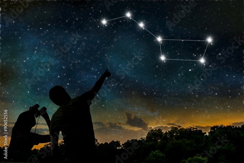 Ursa Major constellation on night sky. Astrology concept. Silhouette of adult man and child observing night sky.