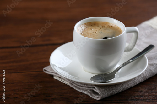Cup of coffee on table close up