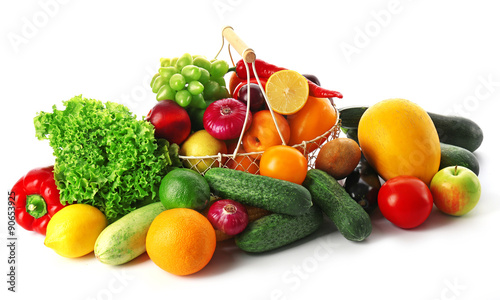 Fresh vegetables and fruits isolated on white