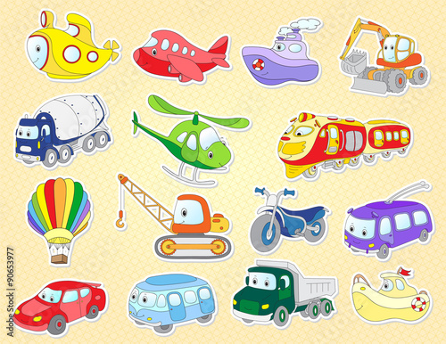 Set of cartoon transport: plane, train, bus, car, helicopter, va