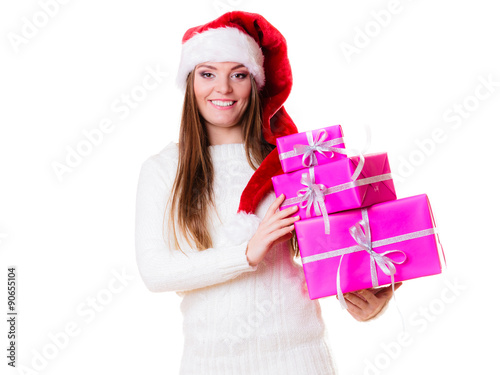 Woman santa helper hat with many pink gift boxes