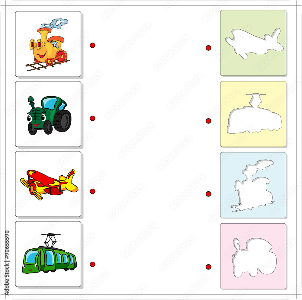 Naklejka premium Train, tractor, airplane and tram. Educational game for kids