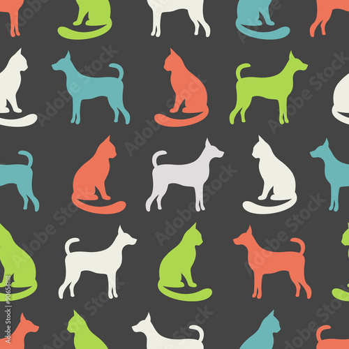 Animal seamless vector pattern of cat and dog silhouettes.