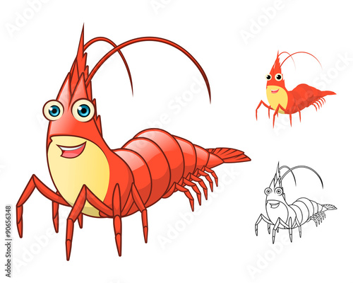 High Quality Shrimp Cartoon Character Include Flat Design and Line Art Version