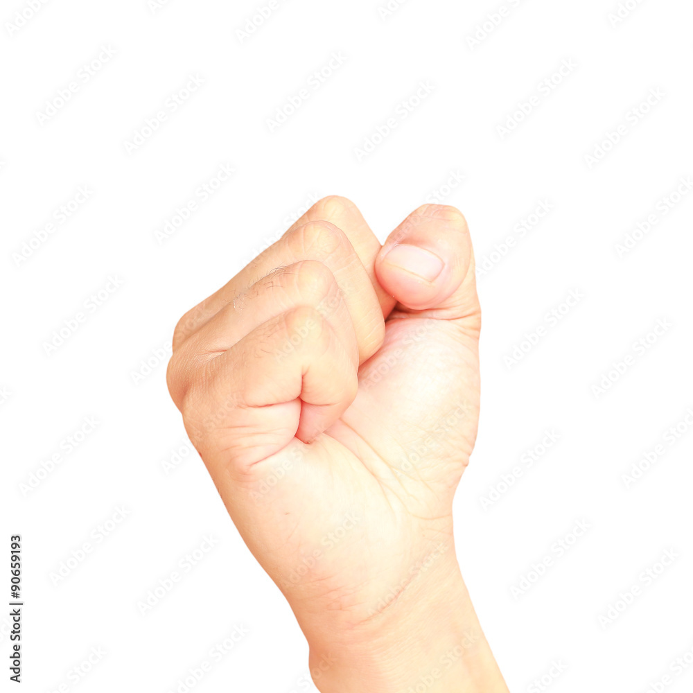 Male hand showing clutched in his fist isolated on white background Male hand showing clutched in his fist isolated on white background