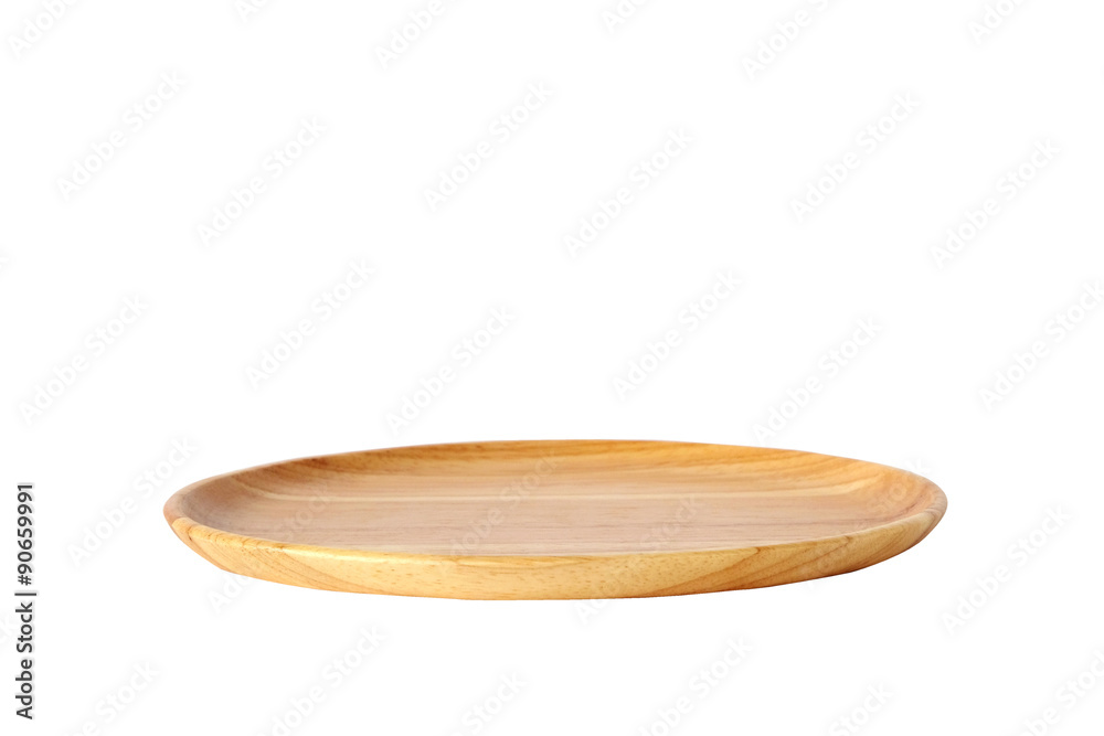 Empty round wooden tray isolated on white background