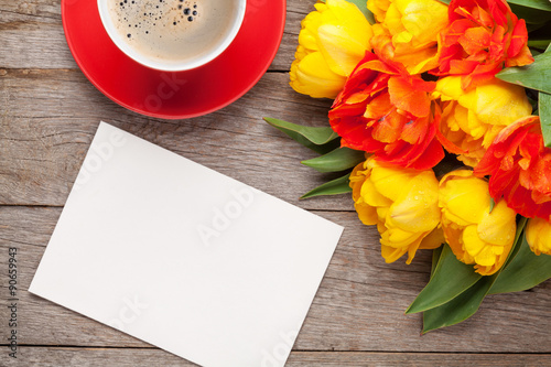 Fototapeta Naklejka Na Ścianę i Meble -  Colorful tulips, greeting card and coffee cup