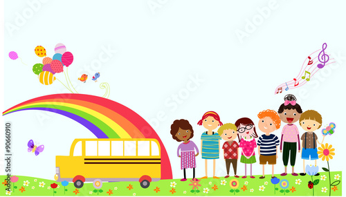 illustration of a school bus and kids school