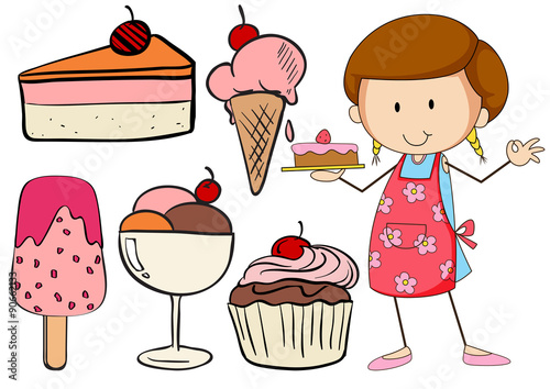 Bakery set with baker and desserts