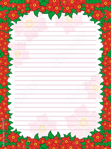 Sheet of notepad with floral frame in red hues