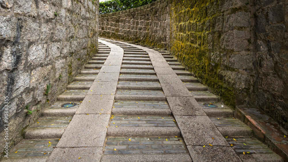 A outdoor staircase of ancient Monte Fort in Macau, China 