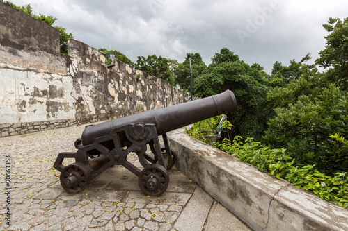 Cannon guarding the battlements of ancient Monte Fort in Macau, China 