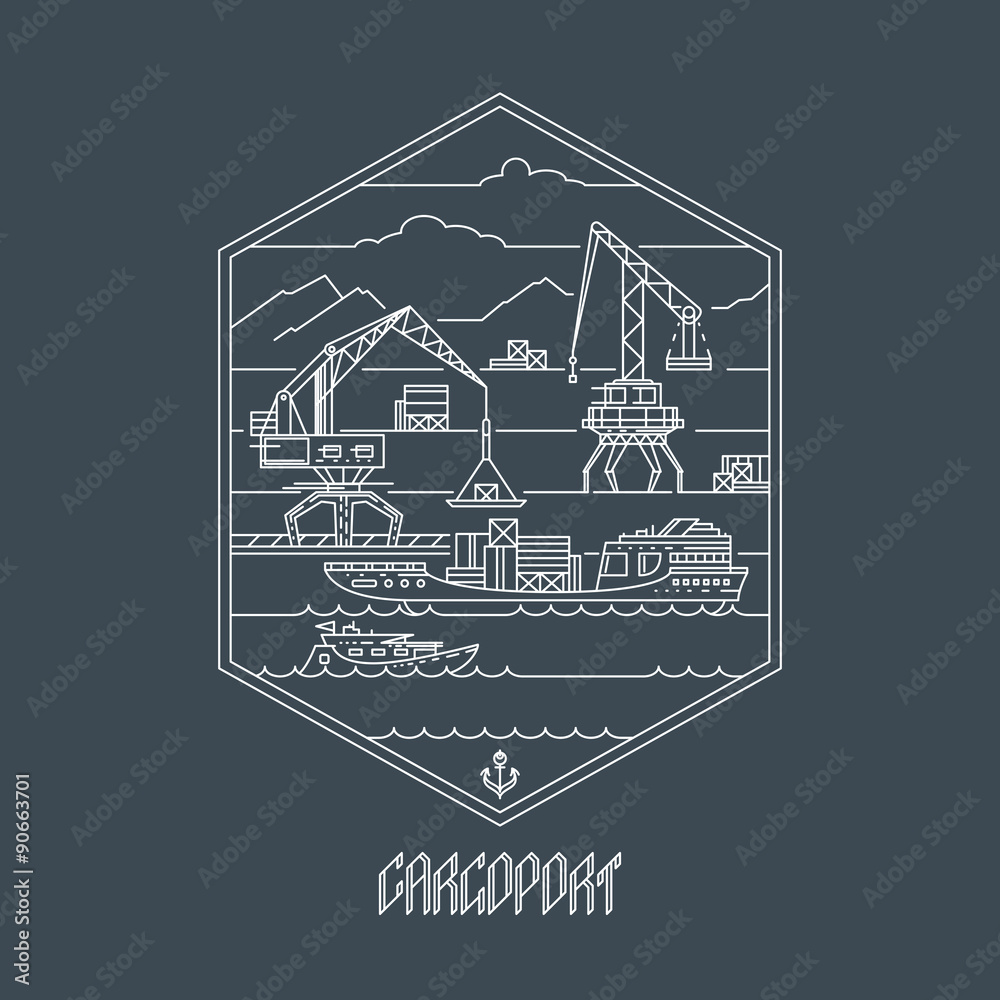 Fototapeta premium Cargo port, empty outline illustration.