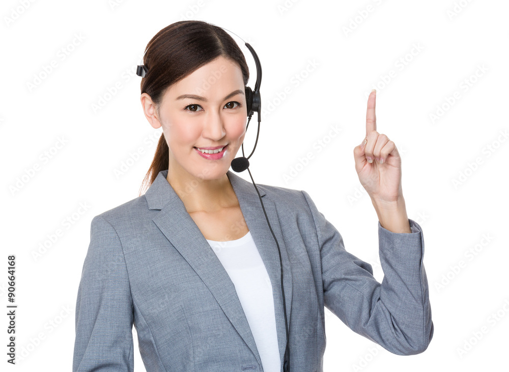 Customer services officer with finger point up Customer services officer with finger point up