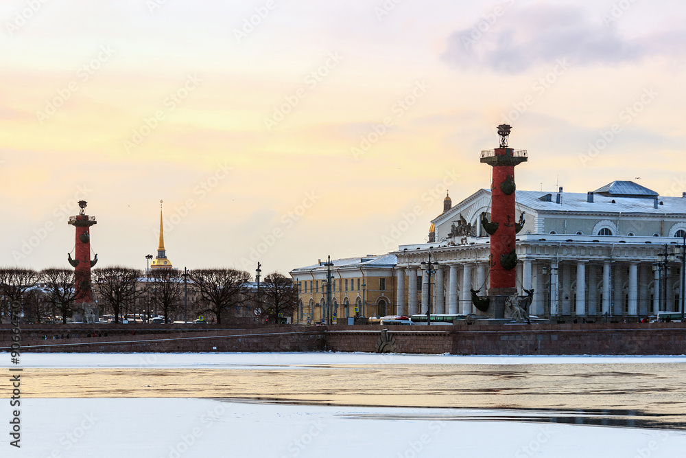 Snowy dawn in Saint Petersburg. Spit of Vasilievsky Island in wi