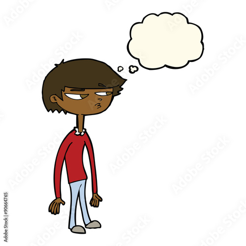 cartoon suspicious boy with thought bubble