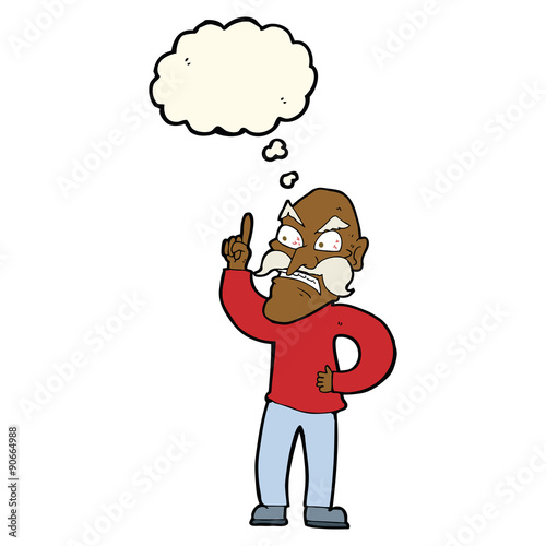 cartoon old man laying down rules with thought bubble