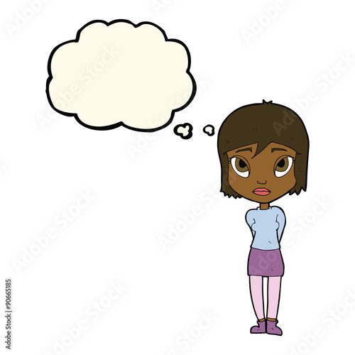 cartoon shy girl with thought bubble