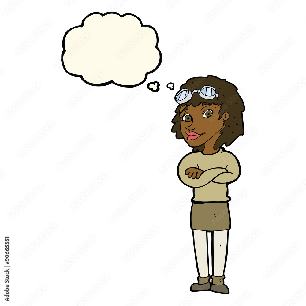 cartoon woman with crossed arms and safety goggles with thought