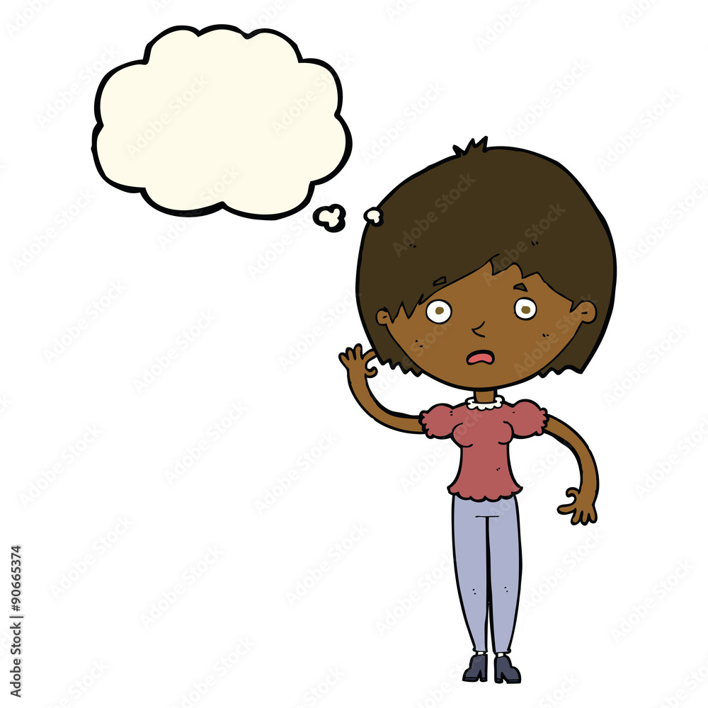 cartoon waving woman with thought bubble cartoon waving woman with thought bubble