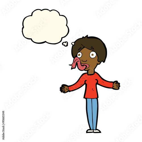 cartoon woman telling lies with thought bubble