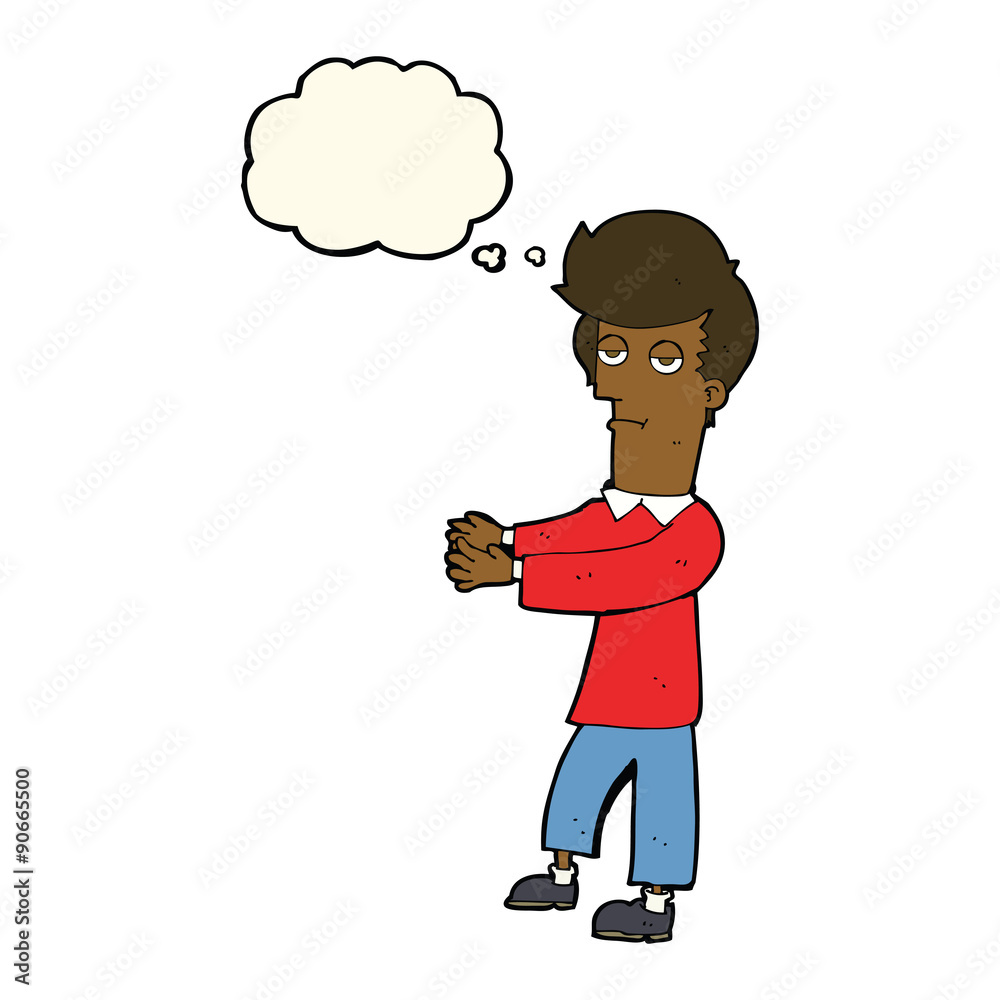cartoon bored man showing the way with thought bubble cartoon bored man showing the way with thought bubble